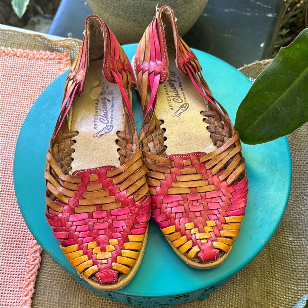 Artisan Red and Orange Leather Flats with Intricate Design